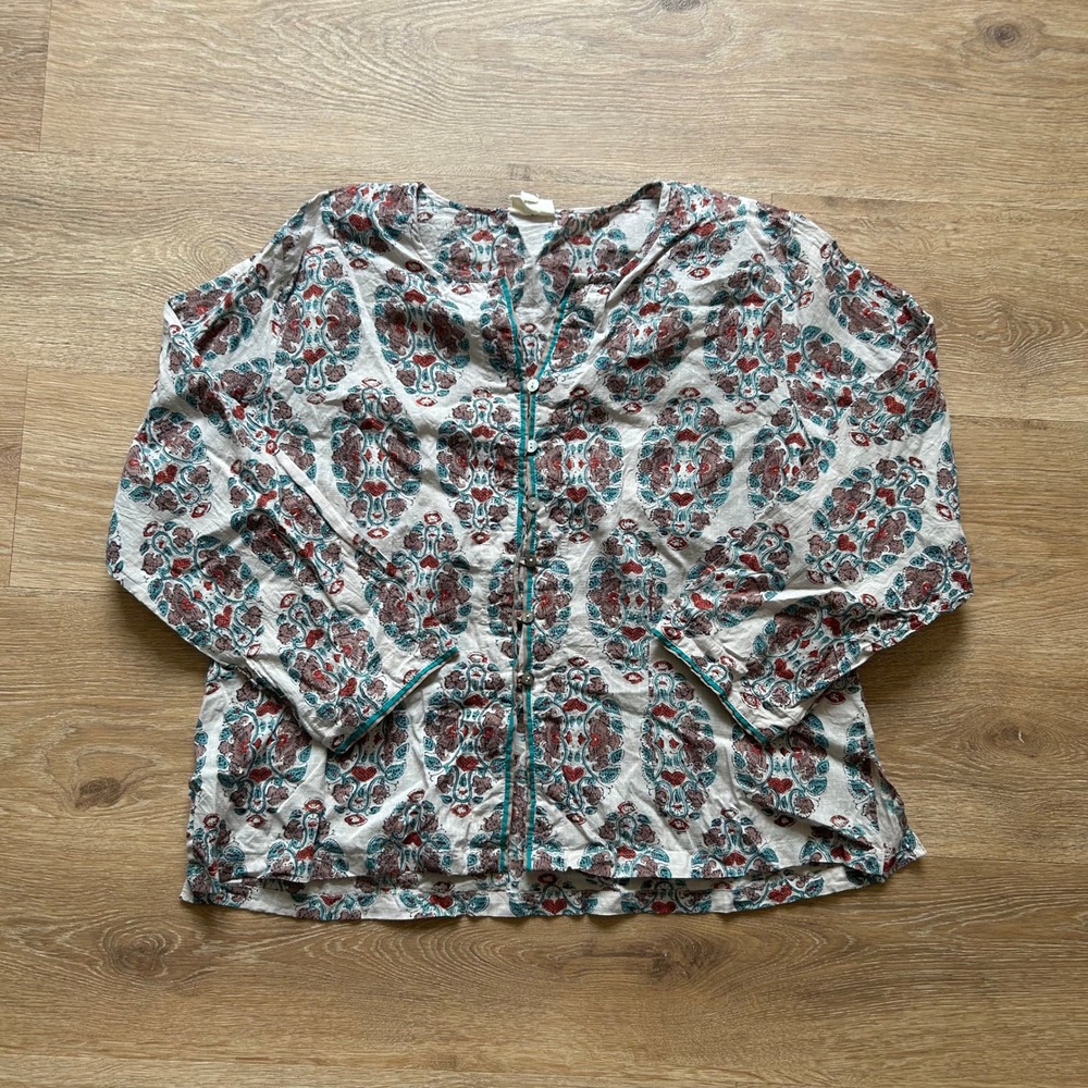 Anokhi Cotton Block Print Blouse XL Floral Paisley Button Front India Boho Top